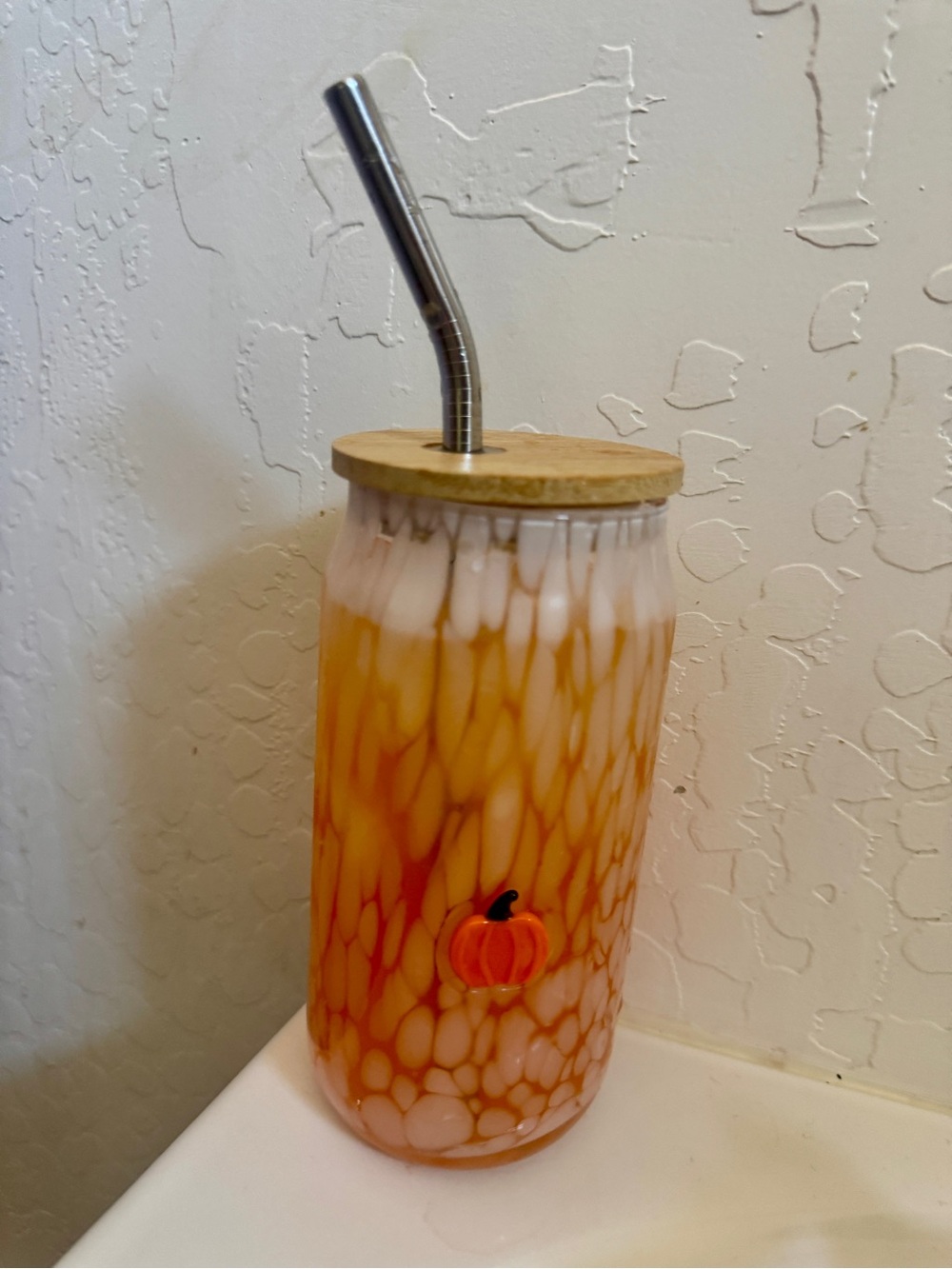 NIB Anthropologie White Juice Glass Pumpkin with Bamboo Lid